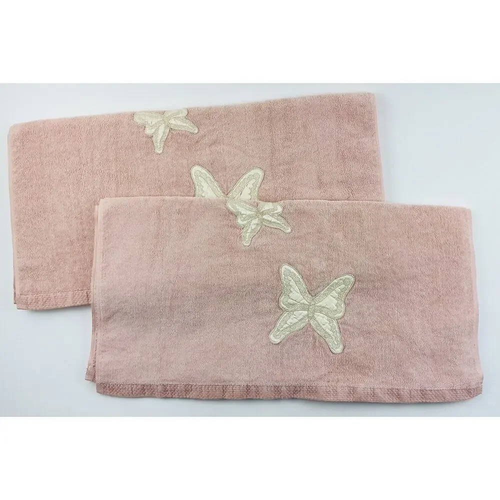 Vintage Avanti Pink Towel Set 4 Butterfly Satin Cream Ivory USA Body Bath Hand